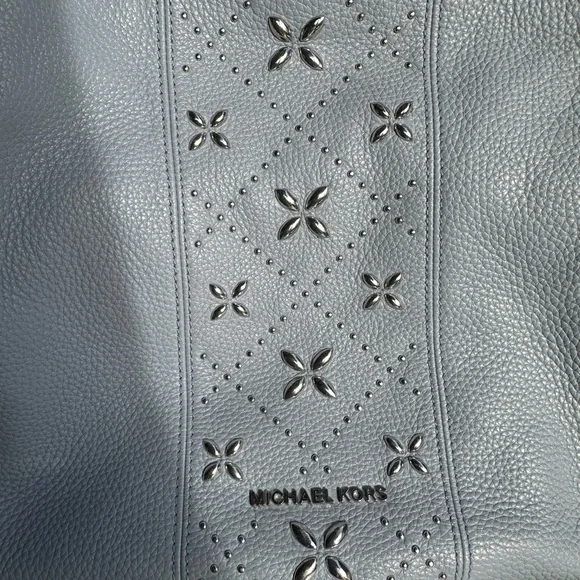 Michael Kors Leighton Light Blue Leather Shoulder Bag with Silver Studs/hardware